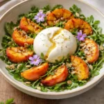 Fresh Peach Burrata Salad with creamy cheese and leafy greens