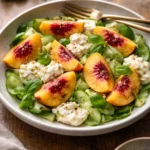Delicious Peach Caprese Salad with Burrata, fresh basil, and ingredients