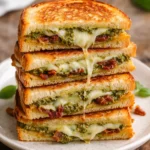Delicious pesto grilled cheese sandwich on a rustic wooden board.