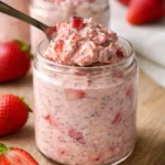 Bowl of strawberries and cream overnight oats topped with fresh strawberries