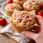 Freshly baked Strawberry Shortcake Crumble Muffins with strawberries and crumble topping