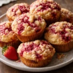 Freshly baked strawberry streusel muffins with a golden topping