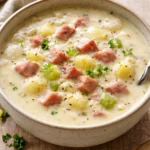 Bowl of healthy ham and potato soup with fresh ingredients on the table