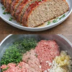 A delicious slice of amazing meatloaf with a savory glaze on a wooden cutting board.
