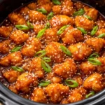 Asian Crockpot Orange Chicken served with rice and vegetables