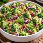 Fresh broccoli salad with nuts and dressing in a bowl