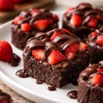 Delicious chocolate covered strawberry brownies served on a plate.