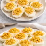 Classic deviled eggs garnished with paprika and herbs on a serving platter