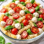 Colorful Caprese Pasta Salad with fresh tomatoes, mozzarella, and basil