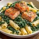 Creamy salmon pasta dish topped with herbs and served in a bowl.