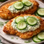 Crispy Dill Pickle Parmesan Chicken garnished and served on a plate
