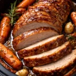 Crockpot Pork Tenderloin served on a plate with vegetables, showcasing tenderness and flavor.