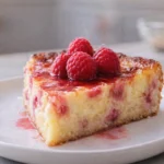 Crustless rhubarb custard pie fresh from the oven, showcasing its vibrant color and creamy texture.