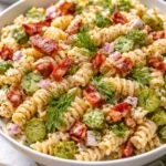 Dill Pickle Bacon Pasta Salad with fresh ingredients and creamy dressing