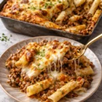 Delicious plate of Egyptian Macaroni Bechamel topped with cheese