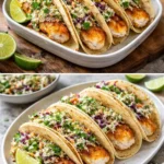 Delicious fish tacos served with cilantro lime slaw