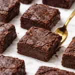 Delicious flourless brownies served on a white plate with chocolate drizzle