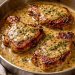 Golden pork chop served with savory gravy on a plate