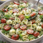 A colorful bowl of Italian Bow Tie Pasta Salad with fresh vegetables and dressing.