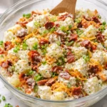 Delicious loaded baked potato salad with toppings and herbs