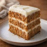 Moist carrot cake slice with creamy frosting on a plate
