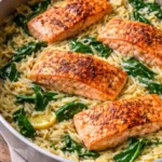 One skillet salmon dish with lemon orzo served on a plate