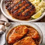 Marinated pork chop ready for grilling with fresh herbs and spices