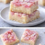 Rhubarb Custard Bars with a golden crust and creamy filling topped with fresh rhubarb.