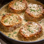 Slow cooker pork chops with garlic parmesan sauce on a plate