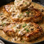 Smothered pork chops served with creamy sauce and fresh greens