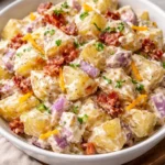 Steakhouse potato salad served in a bowl with fresh herbs and spices.