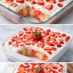 Delicious strawberry poke cake topped with whipped cream and fresh strawberries