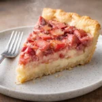 Strawberry rhubarb custard pie with a golden crust and fresh fruit topping