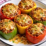 Vibrant stuffed peppers filled with savory ingredients on a plate.