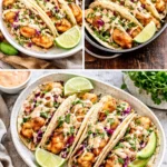 Delicious Baja Fish Tacos with citrus slaw, avocado, and chipotle mayo