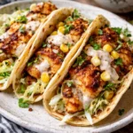Delicious tilapia fish tacos with fresh toppings and vibrant presentation.