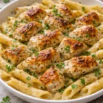 Boursin chicken pasta with creamy sauce and vegetables in a bowl