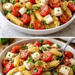 Delicious Caprese Pasta Salad with fresh tomatoes, mozzarella, and basil