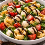 Caprese Salad with Tortellini featuring fresh tomatoes, mozzarella, and basil.