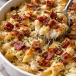 Delicious Chicken Bacon Ranch Casserole topped with cheese and crispy bacon