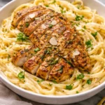 Creamy Chicken Fettuccine Alfredo served in a bowl with parsley garnish