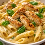 Creamy garlic butter chicken pasta served in a bowl with fresh herbs.