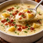 Creamy loaded baked potato soup topped with cheese and chives