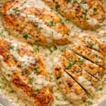Delicious creamy ranch chicken served on a plate with vegetables