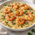 Creamy shrimp orzo dish garnished with parsley in a white bowl