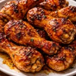 Crispy oven-baked honey garlic chicken drumsticks served on a plate.