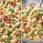 Dill Pickle Bacon Pasta Salad served in a bowl with fresh ingredients