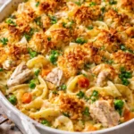 Creamy chicken noodle casserole prepared in a baking dish