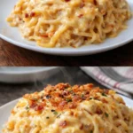 Delicious cheesy chicken spaghetti casserole ready to serve in a baking dish