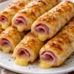 Crispy ham and cheese sticks served on a plate, perfect snack or appetizer.